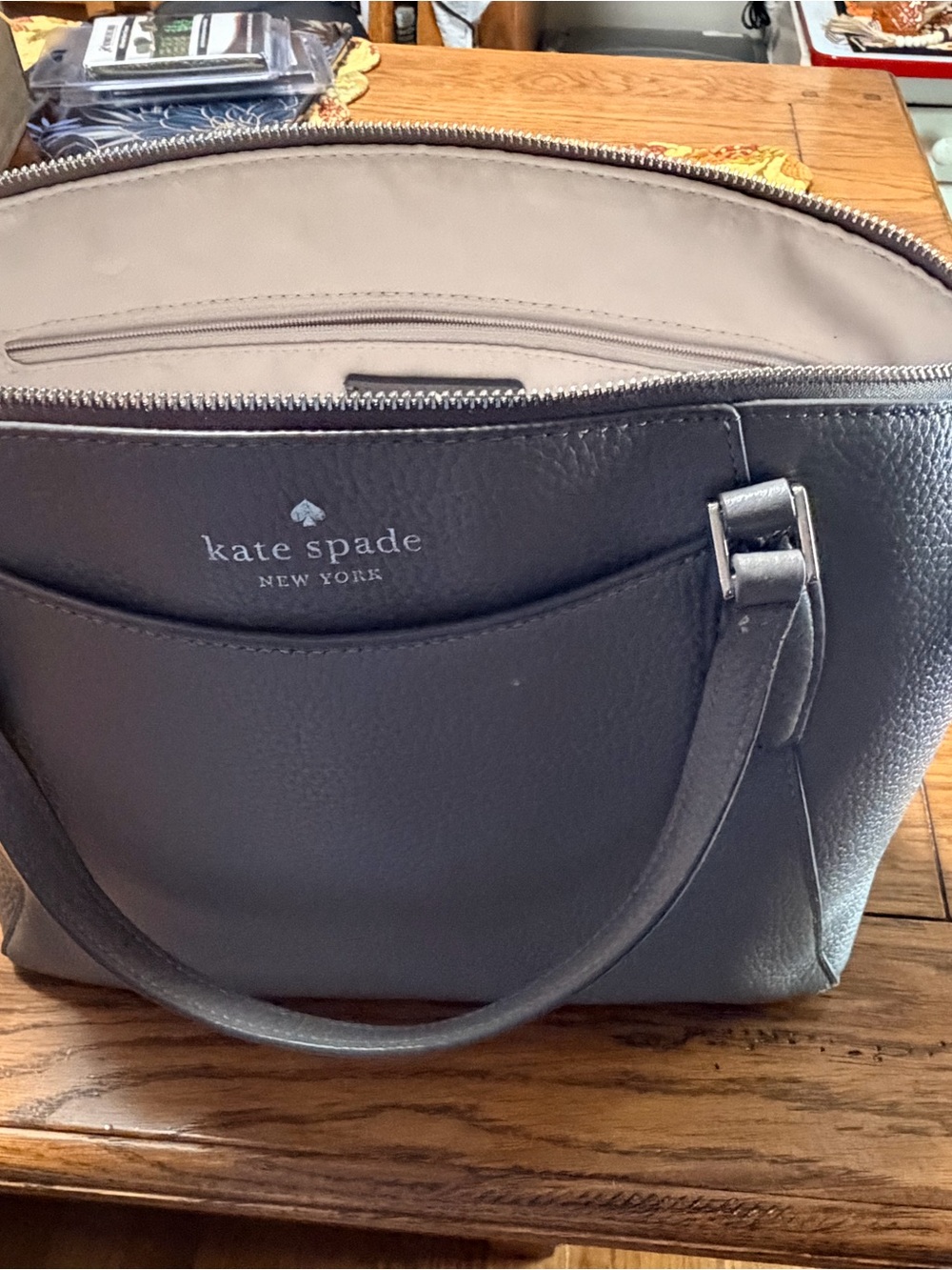 kate spade gray leather messenger bag with silver hardware